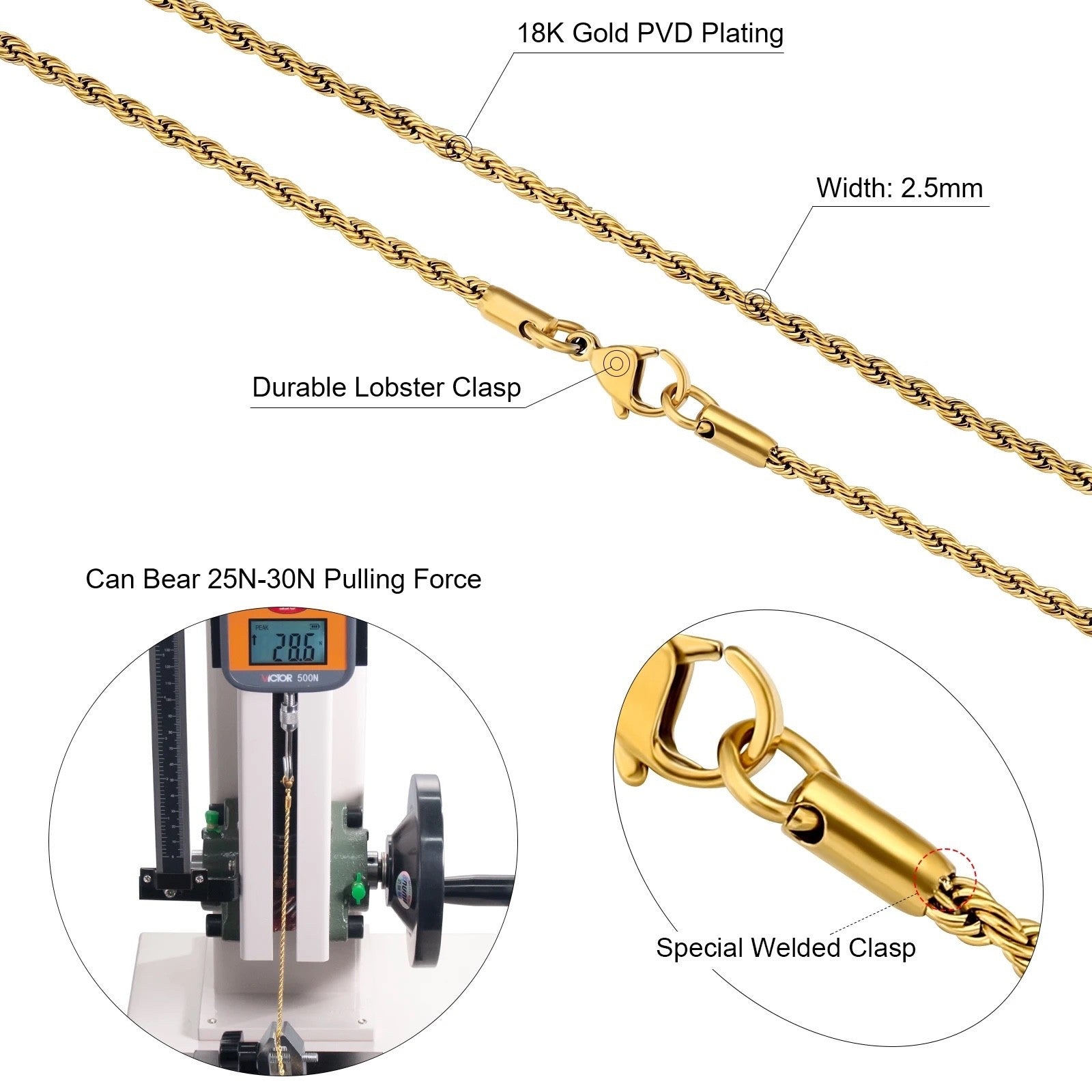 3mm 18K Gold Plated Man Link Stainless Steel Twisted Rope Chain Necklace Mens
