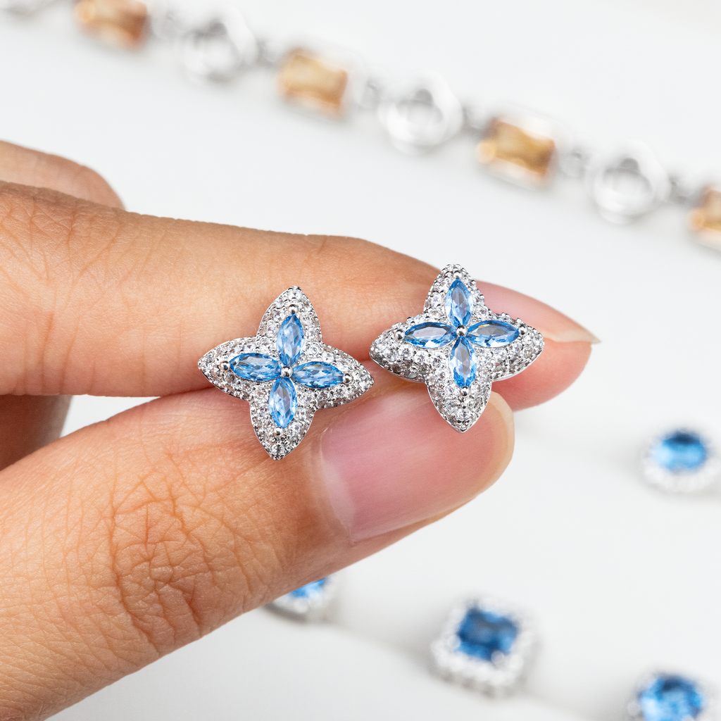 Blue CZ Earrings Iced Out 14K White Gold Plated 925 Sterling Silver Stud Earring