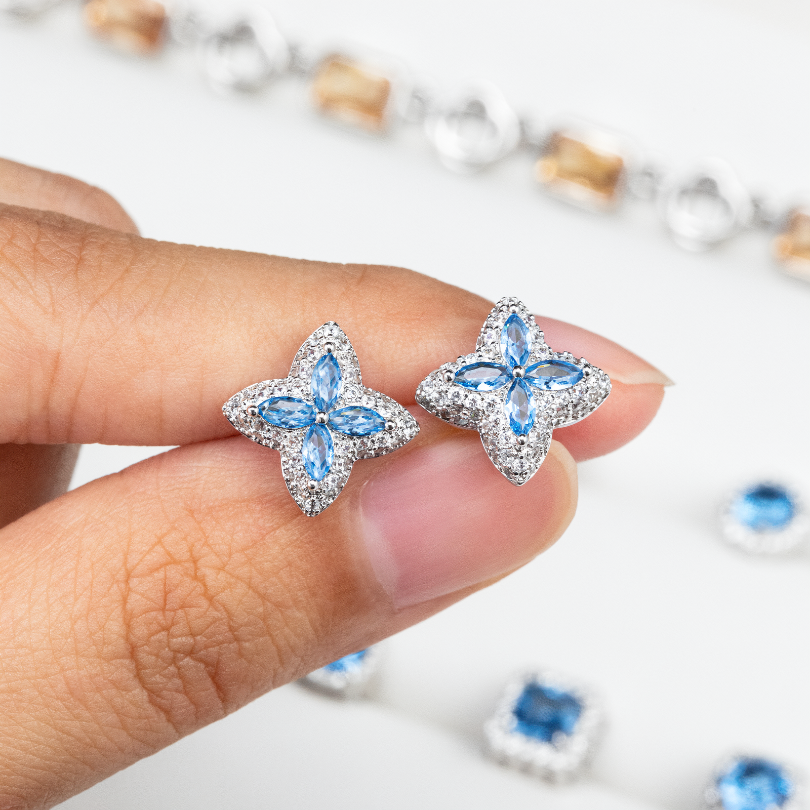 Blue CZ Earrings Iced Out 14K White Gold Plated 925 Sterling Silver Stud Earring