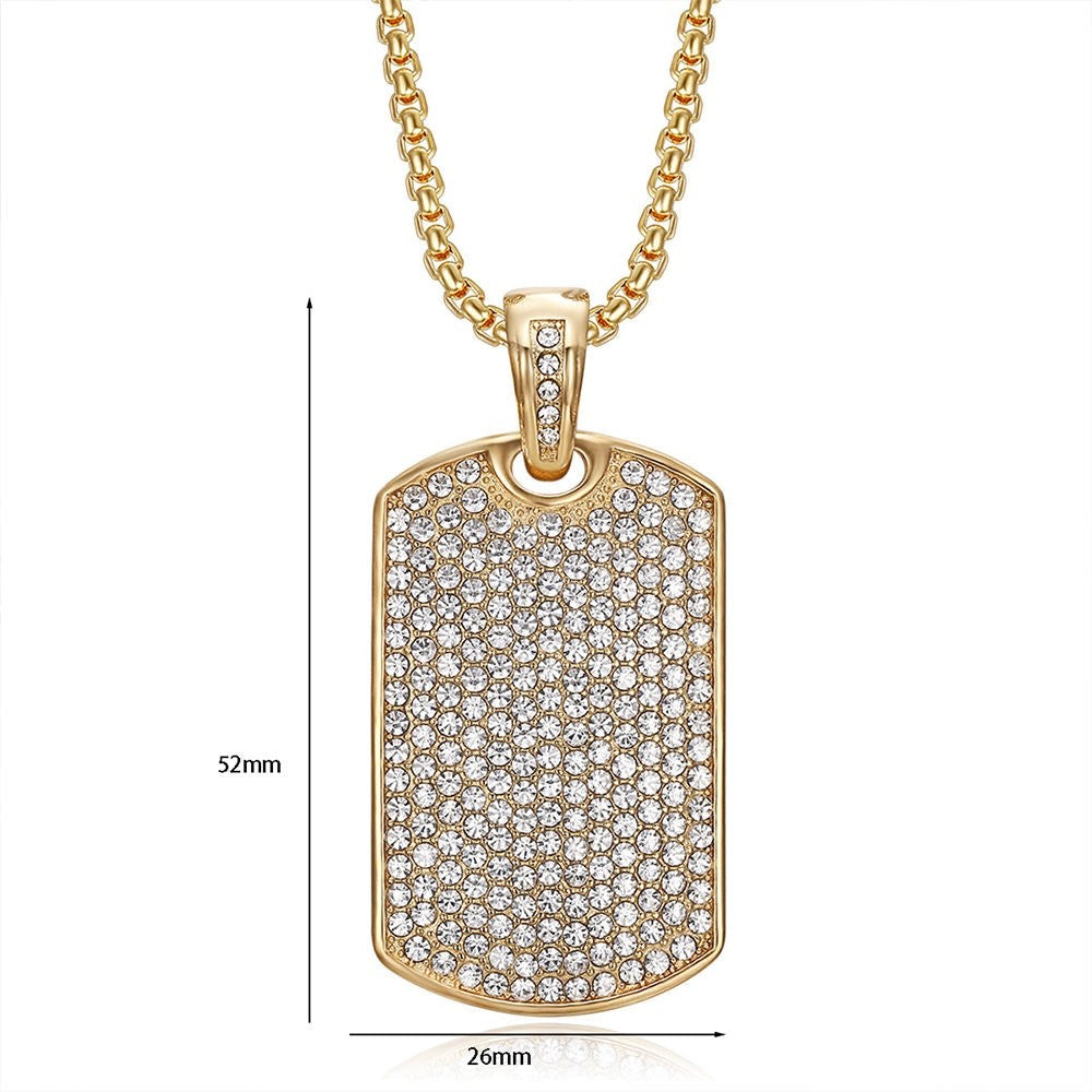 18K Gold Plated Dog Tag Pendant Necklace Cubic Zirconia CZ Stainless Steel Chain