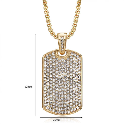 18K Gold Plated Dog Tag Pendant Necklace Cubic Zirconia CZ Stainless Steel Chain