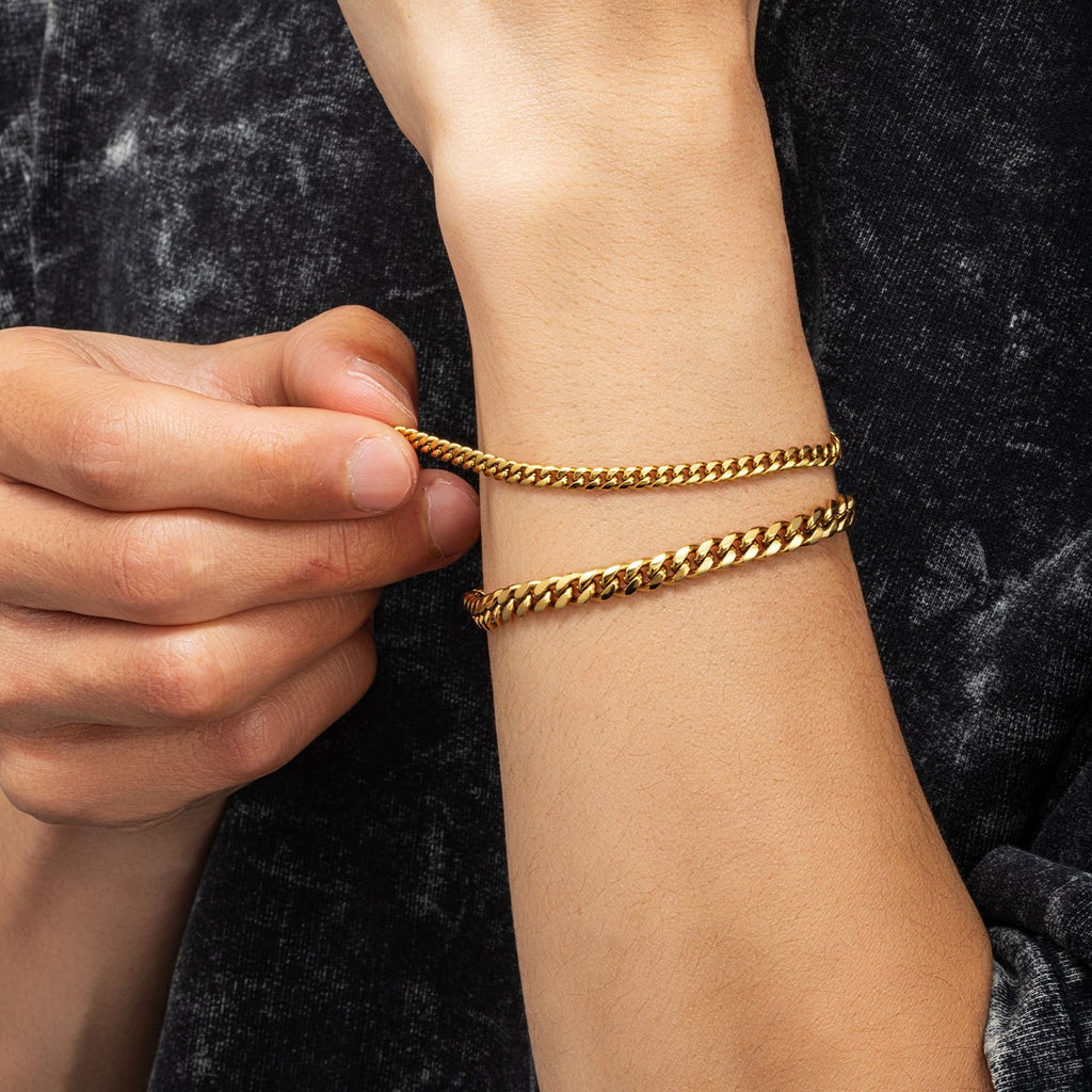 3mm 7inch Miami Cuban Link Hand Curb Chains 18K Real Gold Plated Steel Bracelet