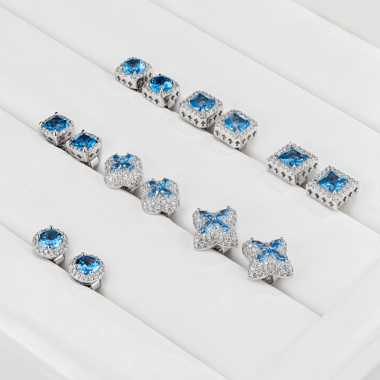 Blue CZ Earrings Iced Out 14K White Gold Plated 925 Sterling Silver Stud Earring