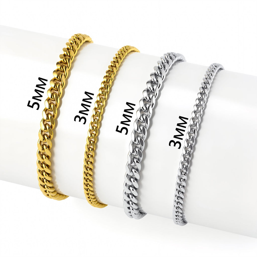 3mm 7inch Miami Cuban Link Hand Curb Chains 18K Real Gold Plated Steel Bracelet