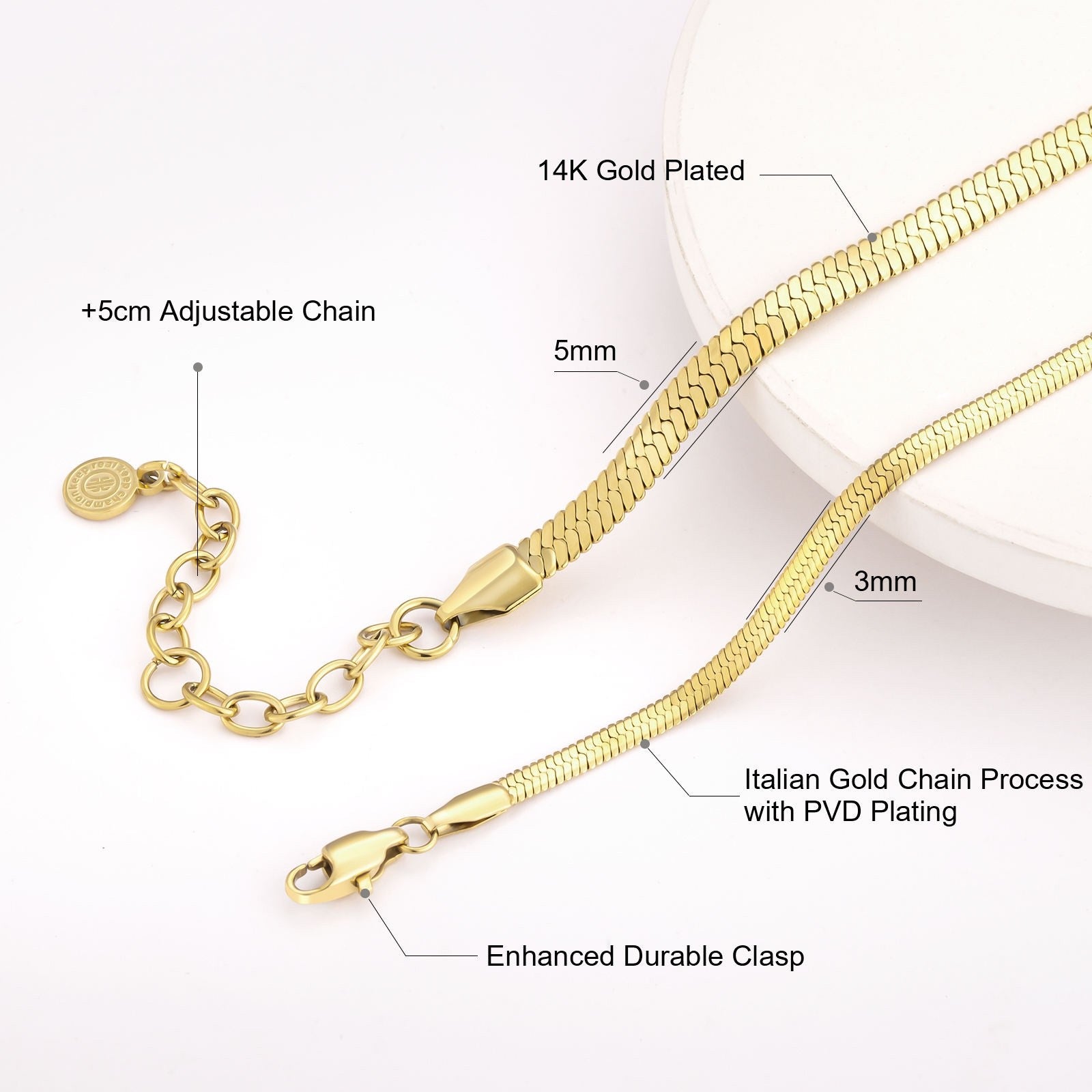 Snake Chain Necklace 14K Gold Plated Stainless Steel 3mm Mens Womens Jewellery