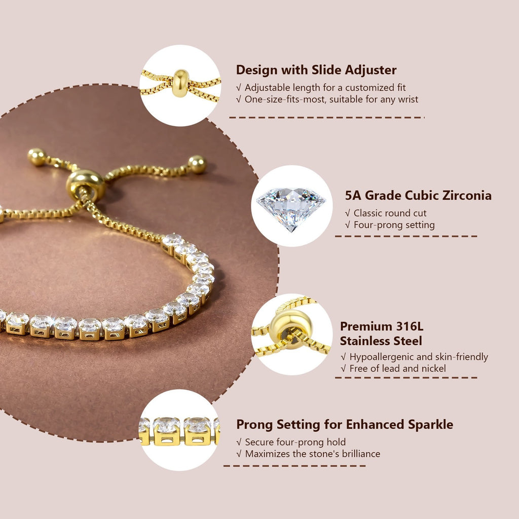 Tennis Bracelet Gold Plated 5ACZ CubicZirconia Adjustable Slider Women jewellery