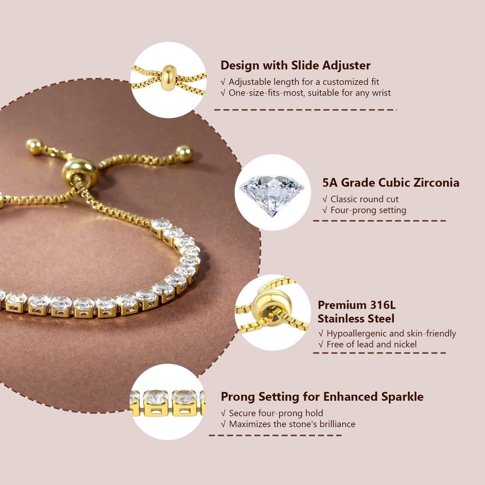 Tennis Bracelet Gold Plated 5ACZ CubicZirconia Adjustable Slider Women jewellery