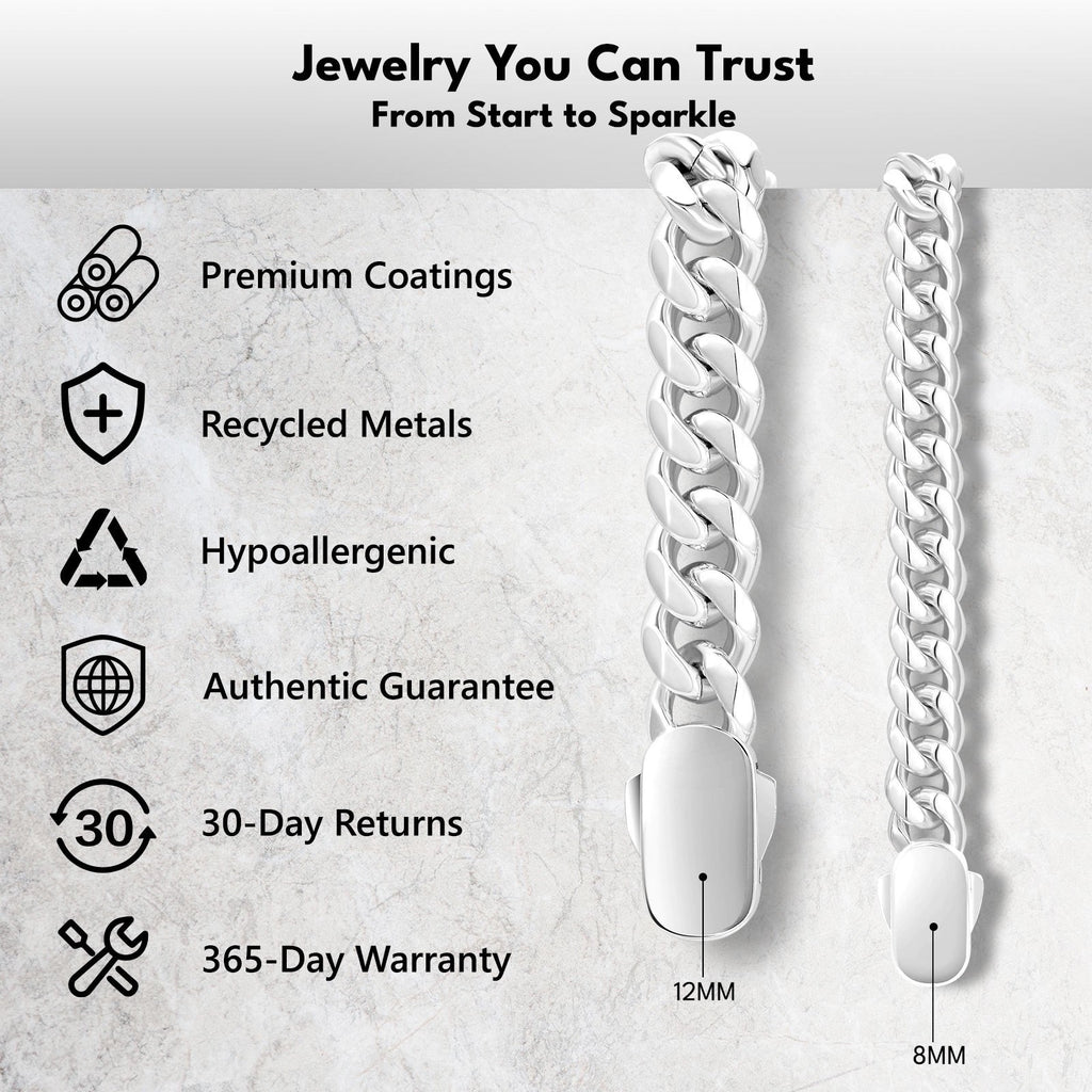 12mm 24inch 925 Sterling Silver Plated Stainless Steel Cuban Link Chain Men