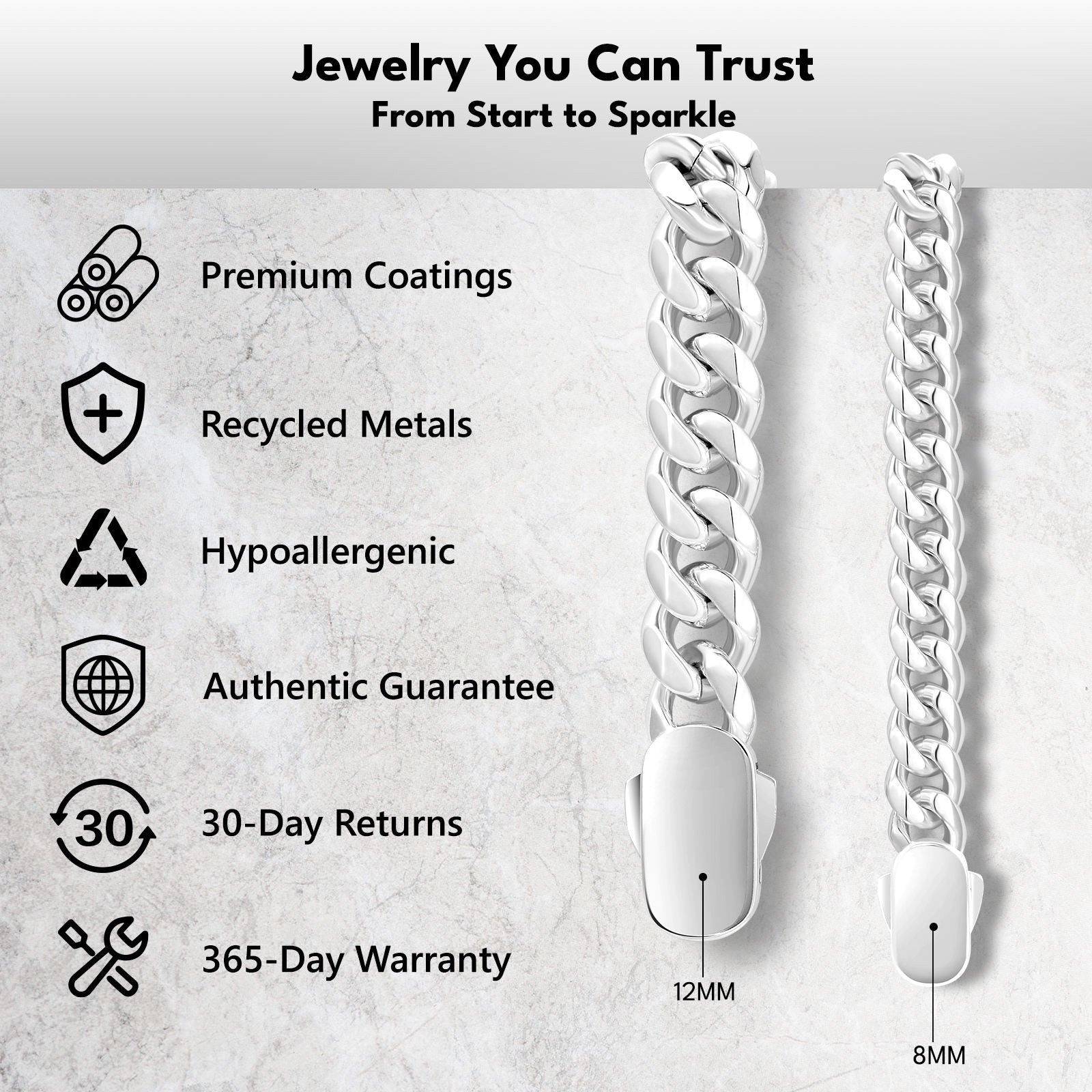 12mm 24inch 925 Sterling Silver Plated Stainless Steel Cuban Link Chain Men
