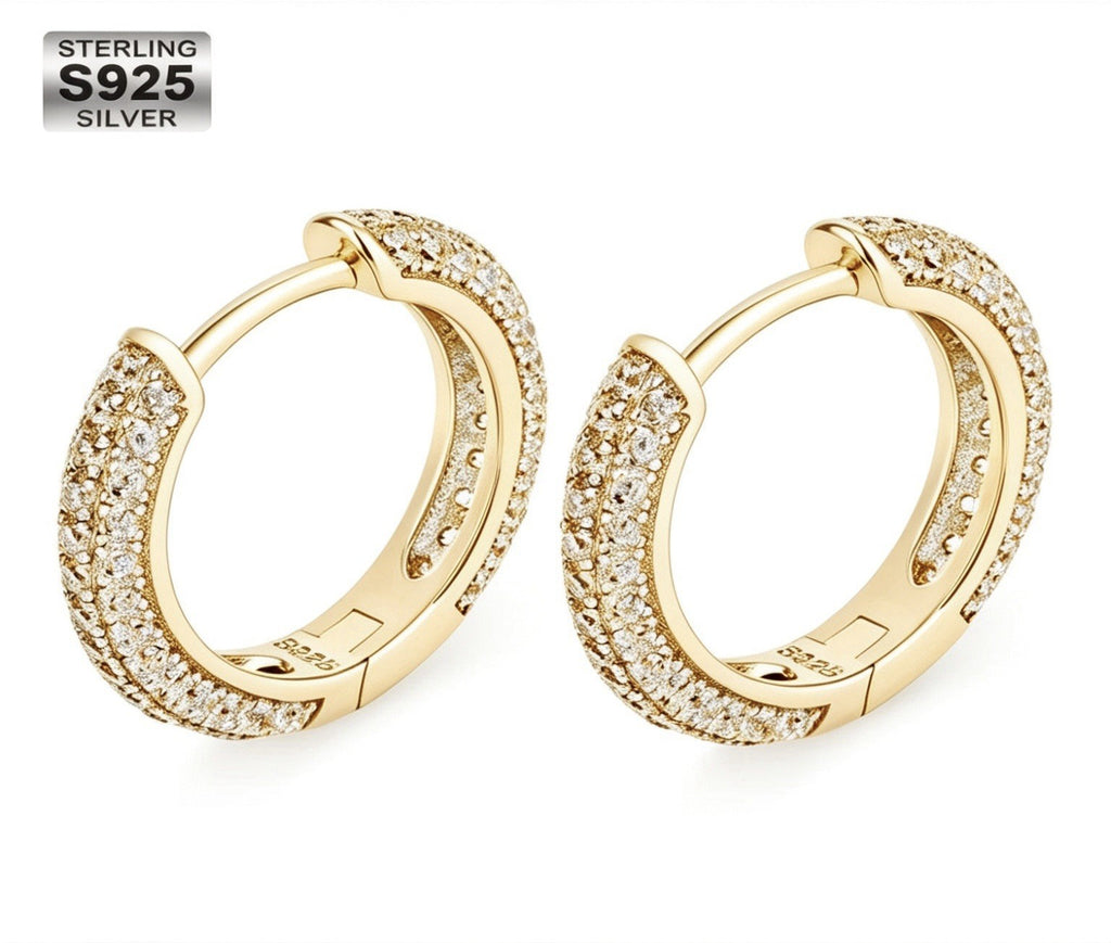 Gold Plated 15mm Mens Earrings Iced Out 5A CZ Cubic Zirconia Jewellery