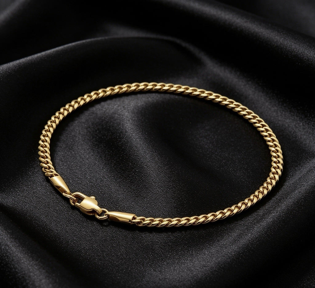 3mm 7inch Miami Cuban Link Hand Curb Chains 18K Real Gold Plated Steel Bracelet