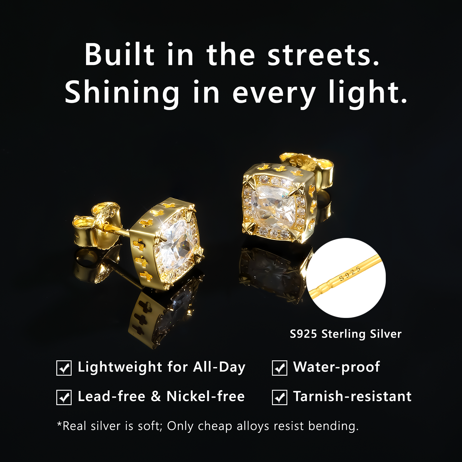 Square 925 Silver Prong-Set 5A CZ Iced Out Earrings 14K Gold Plating