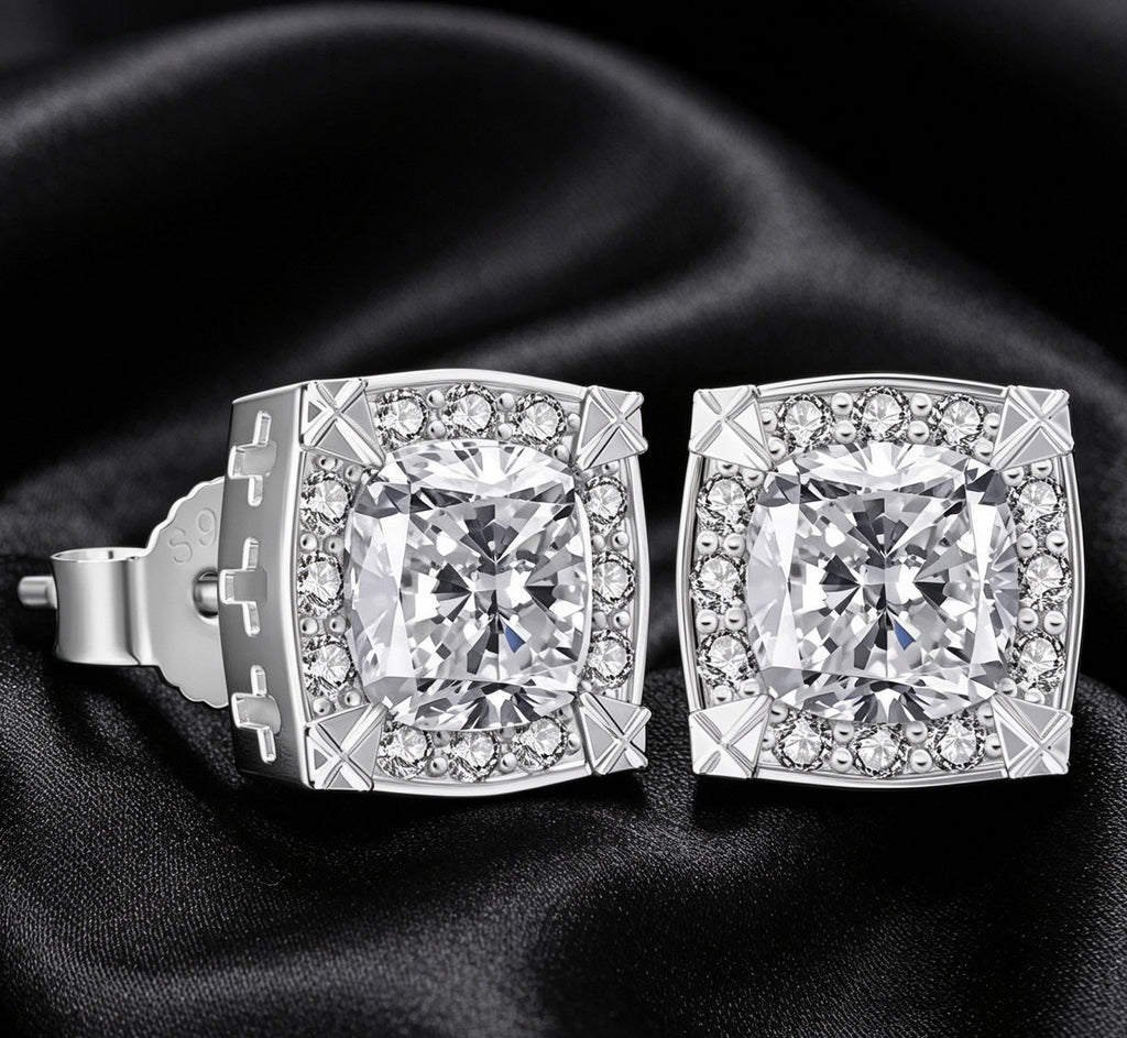 Square 925 Silver Prong-Set 5A CZ Iced Out Earrings 14K Gold Plating