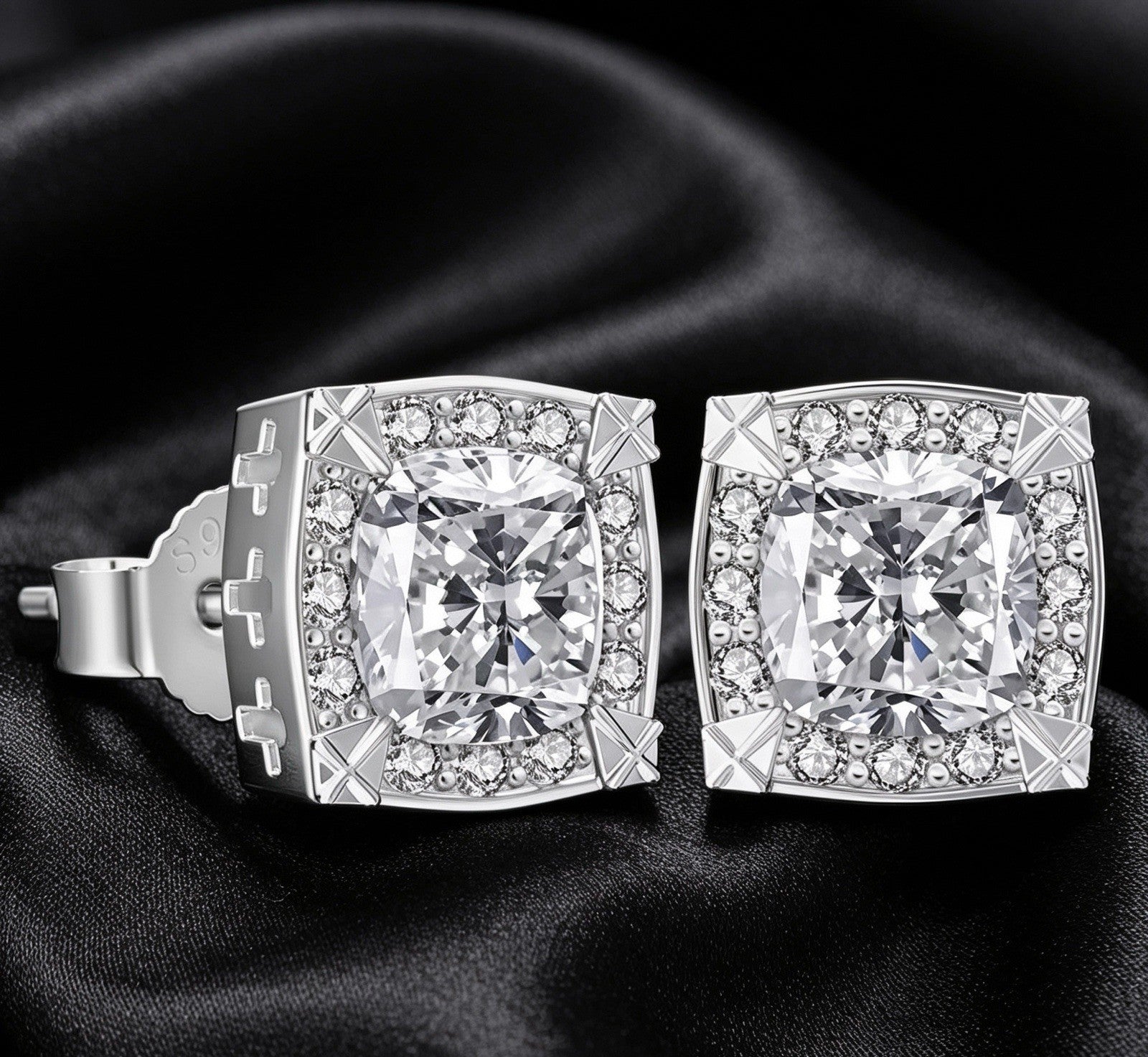 Square 925 Silver Prong-Set 5A CZ Iced Out Earrings 14K Gold Plating