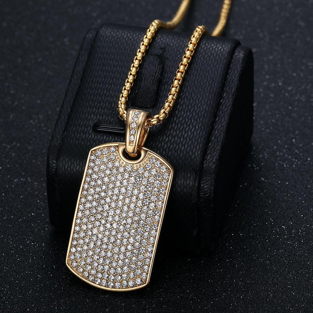 18K Gold Plated Dog Tag Pendant Necklace Cubic Zirconia CZ Stainless Steel Chain