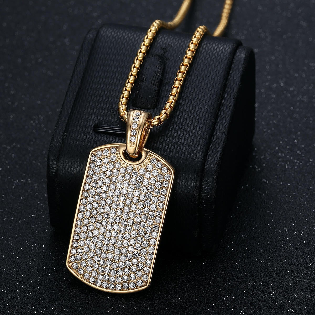18K Gold Plated Dog Tag Pendant Necklace Cubic Zirconia CZ Stainless Steel Chain